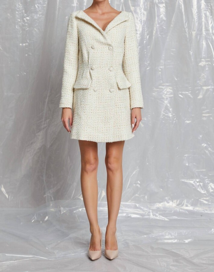 LENA Double Button Up Tweed Dress In Gold Ivory