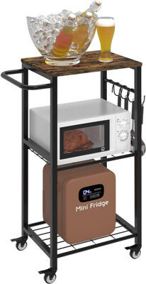 17 Stories 3-Tier Rolling Kitchen Cart Microwave Stand On Wheel Movable Coffee Bar Cart With Metal Handle Bakers Rack With 8 Hooks Utility Cart For Living Room