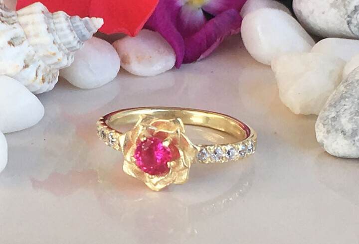 Etsy Ruby Camellia Ring - July Birthstone Round Gemstone Prong Set Statement Engagement Flower Gold Band