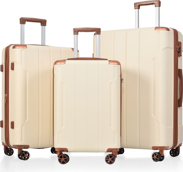 EUROCO 3 Piece Luggage Set, Expandable Hardshell Suitcase with TSA Lock and Double Spinner Wheels,ABS Lightweight Durable Travel luggage Set(20"/24"/28"),White Brown