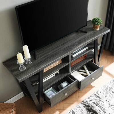 Latitude Run 60 - 69 Inch Tv Tall Stand, 2 Drawers & Shelf , Grey Black Finish Drawer Tier And Black, Construct Stand