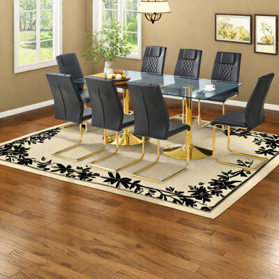 Wrought Studio Modern Dining Table Set, Tempered Glass & Pu Chairs, 8 Seater, Black & Gold