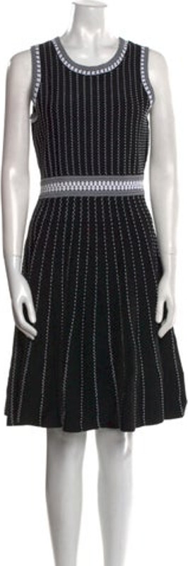 Milly A-Line Dress Black Striped Pleated Accents Sleeveless with Scoop Neck Exposed Zip Closure at Back Designer