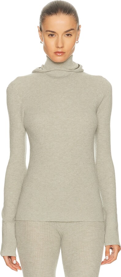 Essentials Waffle Hooded Long Sleeve Top in Neutral
