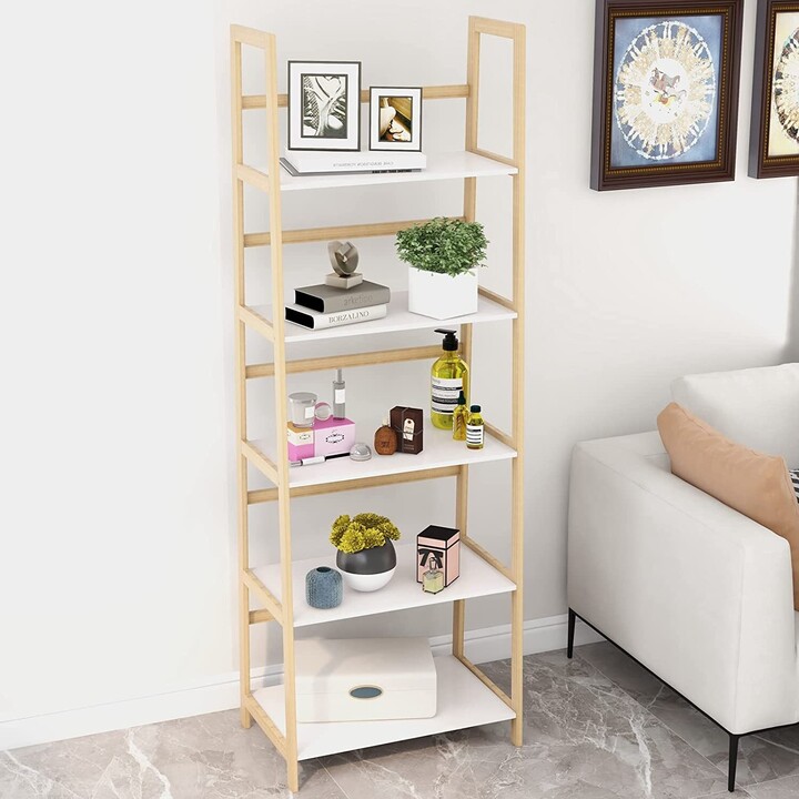 Yangming 5 Tier White Ladder Shelf, Modern Wood Ladder Bookshelf