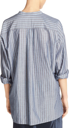 Vince Wide-Stripe Mandarin-Collar Pullover Shirt, Blue