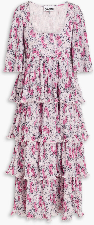 Ganni Tiered floral-print crepon midi dress