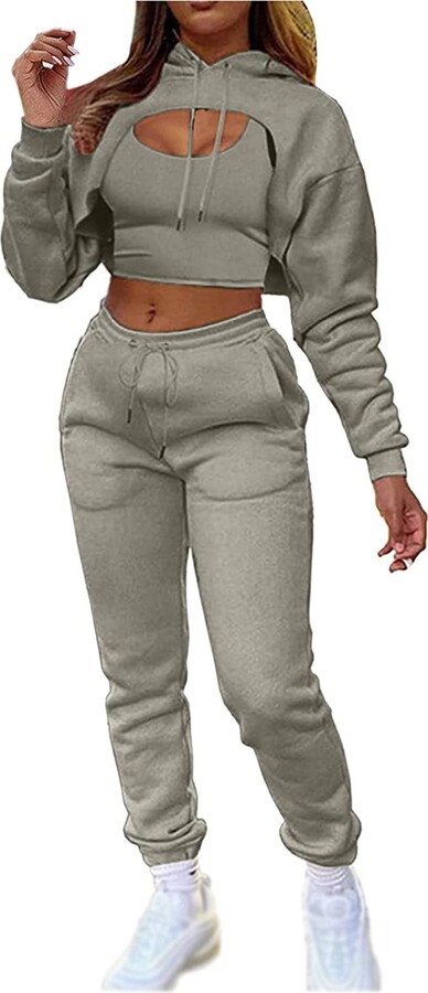 HAOLEI 3 Piece Tracksuit Womens Full Set Plain Long Sleeve Pullover  Sweatshirt + Crop Tops + Sweat Pants Casual Sweatsuit Outfit Sets Workout  Joggers