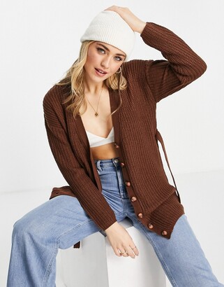 Brave Soul Maise button-down tie-waist cardigan in chocolate brown