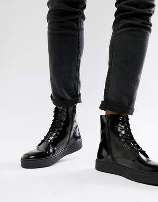 Zign Shoes cupsole lace up boots in black high shine