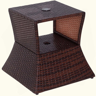 Beachcrest Home Bela Rattan Wicker Side Table with Umbrella Hole 2 Tier Storage Shelf for All Weather for Outdoor Patio Garden Backyard