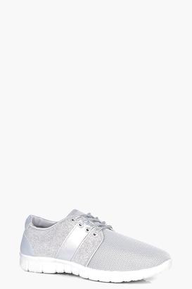 boohoo Emma Lace Up Shimmer Trainer silver