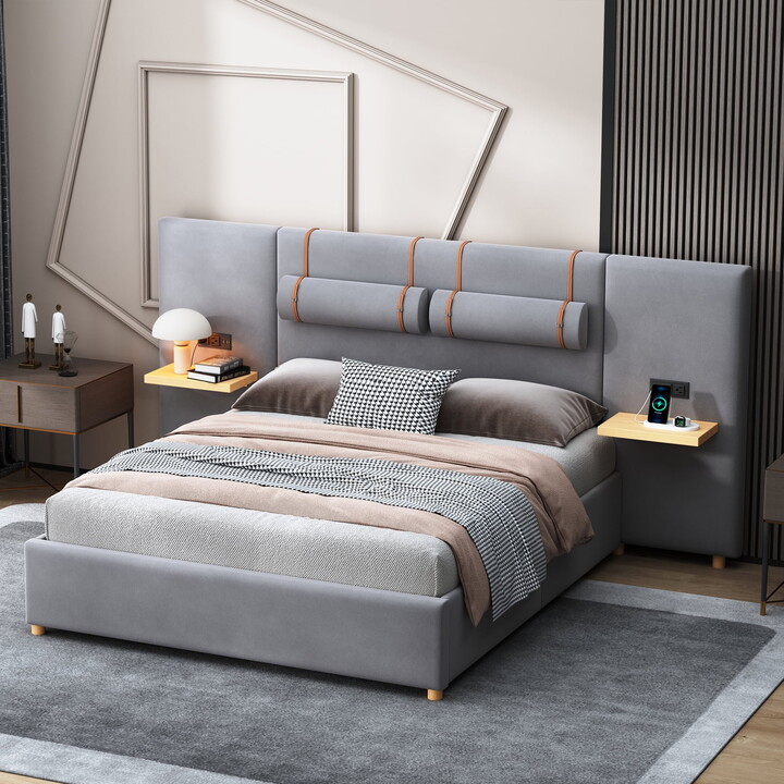 Euroco Upholstered Queen Size Platform Bed with Storage Shelves, USB Charging Station and Pillows, Gray