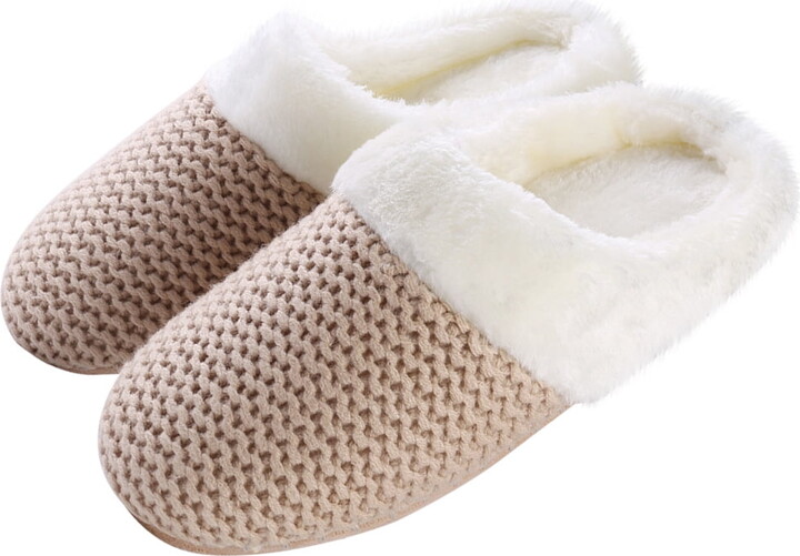 Light Brown Womens Warm Winter Slippers Cozy Cable Knit Memory Foam House Slipper Clog Shoes with Fuzzy Plush Collar for Women