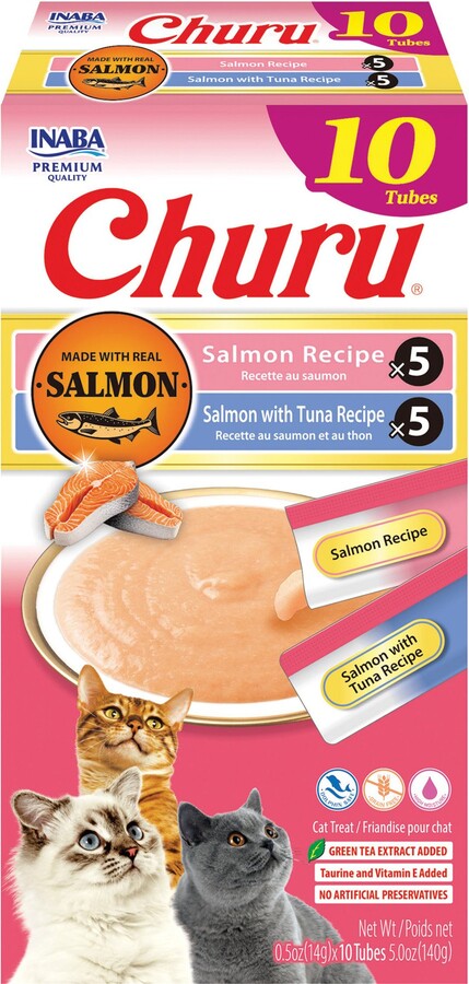 Inaba Churu Salmon & Tuna Variety Creamy Puree Grain-Free Lickable Cat Treats, 0.5-oz tube, 10 count