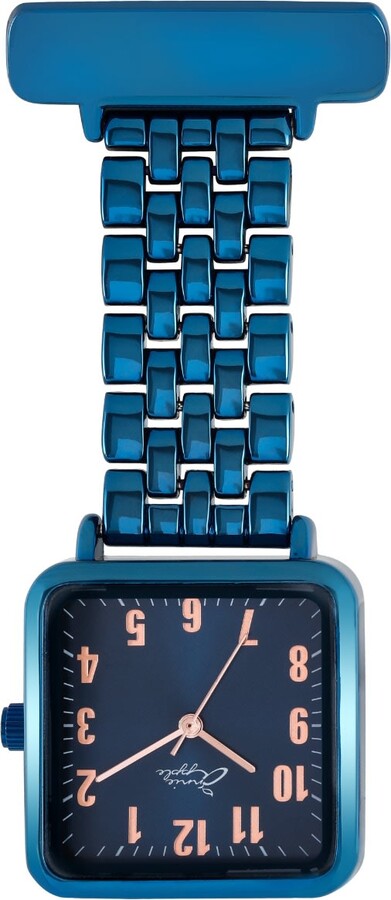 Bermuda Watch Company Annie Apple Square Rose Gold/Blue Link Bracelet Nurse Fob Watch