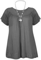 Thumbnail for your product : Purl Womens Tunic Gypsy Swing Flared Baggy Frill V Neck Short Sleeve Necklace Stretch Top Ladies Casual Summer T-Shirt Charcoal 20