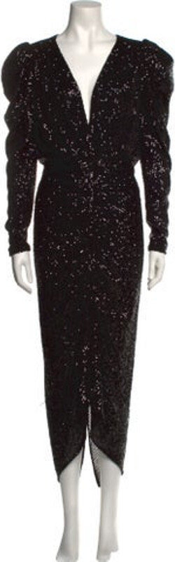 Ronny Kobo Evening Gown Black Sequin Embellishments Long Sleeve with V-Neck Concealed Zip Closure at Back Designer