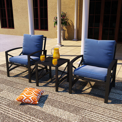 Winston Porter Brisaida 3-Piece Metal Patio Conversation Set with Cushions and Coffee Table