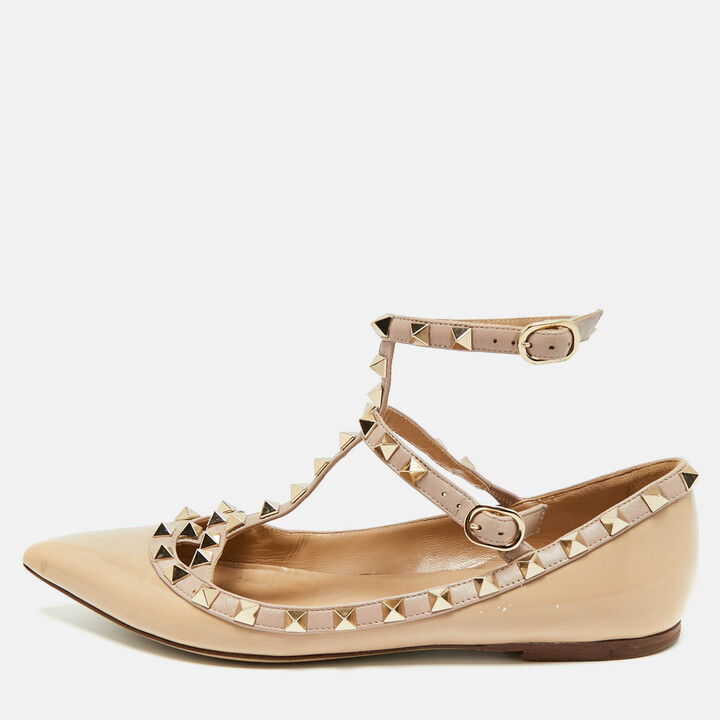 Valentino Rockstud Size 37 Beige Leather and Patent Leather Ballet Flats