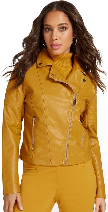 New York & Co. NY&Co Women's Faux-Leather Asymmetrical Moto Jacket Gold  Ochre - ShopStyle