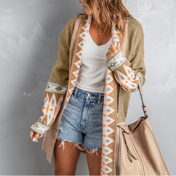 Sol Living BrownAztecPrintOpenFrontKnittedCardigan