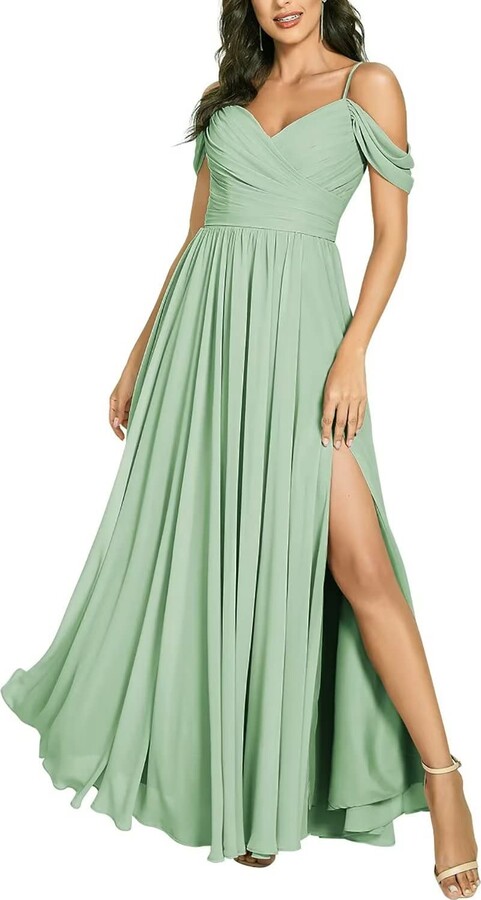 HYEC7 Off Shoulder Bridesmaid Dresses with Slit Spaghetti Straps ...