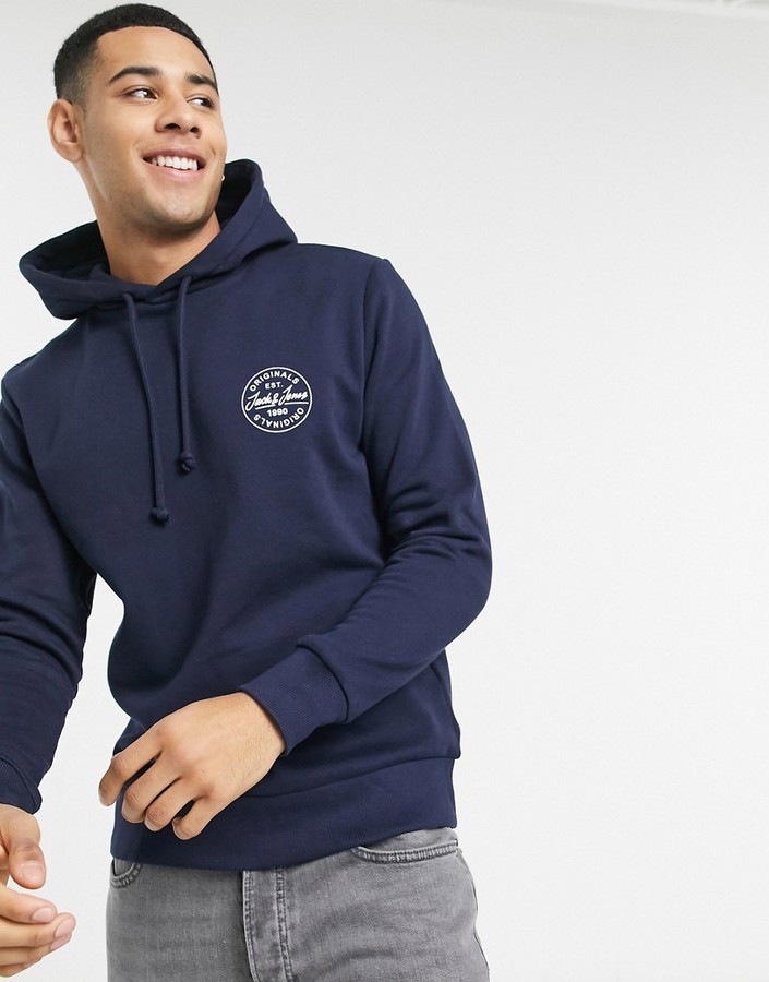Jack and Jones Originals hoodie with stamp logo in navy - ShopStyle
