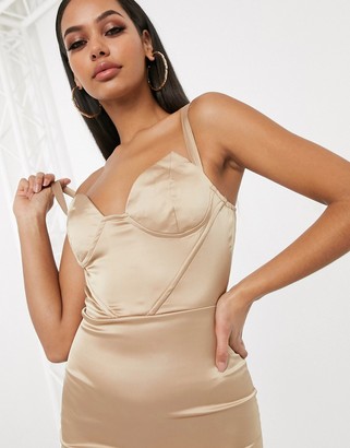 Femme Luxe plunge front corset top bodycon dress in champagne