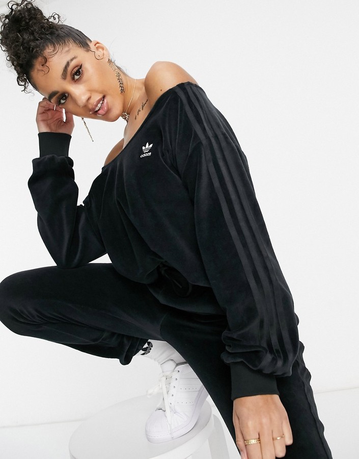 adidas 'Relaxed Risqué' velour off the shoulder sweatshirt in