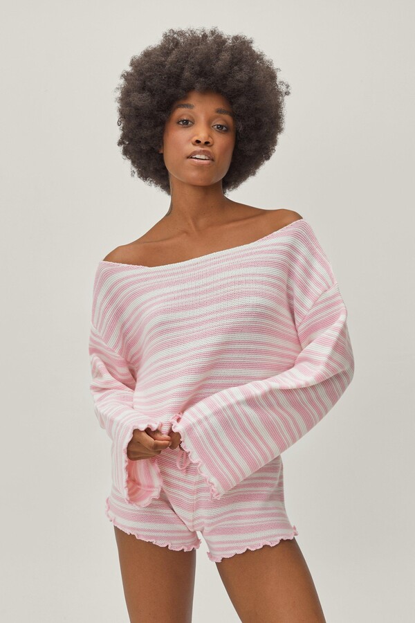 off the shoulder pink sweater