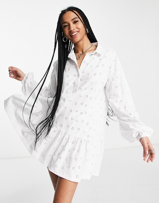 ASOS DESIGN broderie long sleeve mini shirt dress in white - ShopStyle