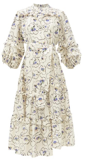 Apiece Apart Gracia Floral-print Ruffle-trimmed Silk Midi Dress - Cream ...