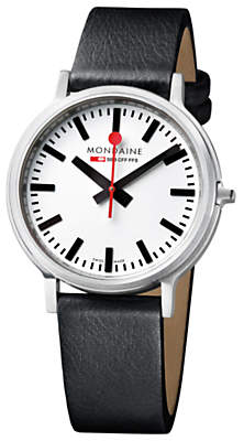 Mondaine Unisex Stop 2 Go Leather Strap Watch, Black/White