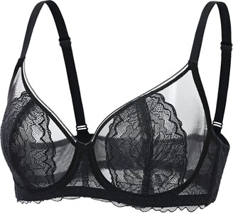 DOBREVA Women's Lace Sexy Bra See Through Sheer Unlined Plus Size Full  Coverage Underwire Bras Black 36B - ShopStyle