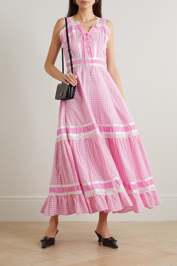 Batsheva Meadow Tiered Satin And Lacetrimmed Gingham Cottonpoplin