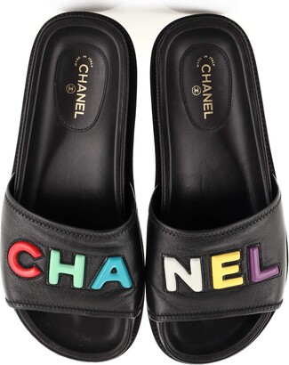 Chanel Women's Logo Letters Slide Sandals Leather - ShopStyle
