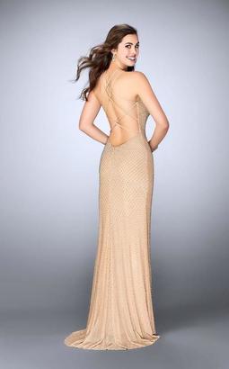 La Femme Bead-Studded Halter Long Sheath Evening Gown 24061
