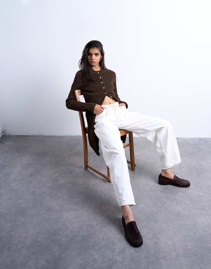 Topshop high rise tie belt barrel leg jeans in white