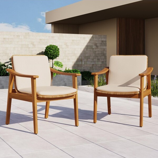 FONTOIDiningChairsSetof2AcaciaWoodFramePEWickerWaterproofCushionOutdoorChairsIdealforGardensBeige23.5\