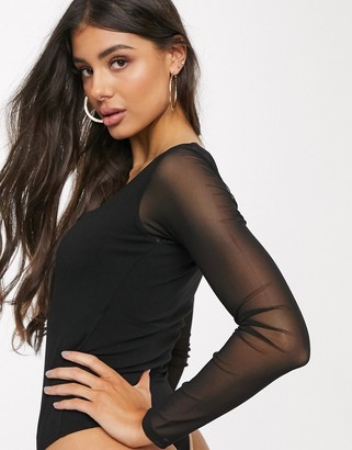 ASOS Tall ASOS DESIGN Tall sweetheart neckline bodysuit with mesh sleeve in  black - ShopStyle
