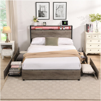 Latitude Run Queen Bed Frame, Storage Headboard With Charging Station, And Stable, Noise Free, No Box Spring Needed, Easy Assembly