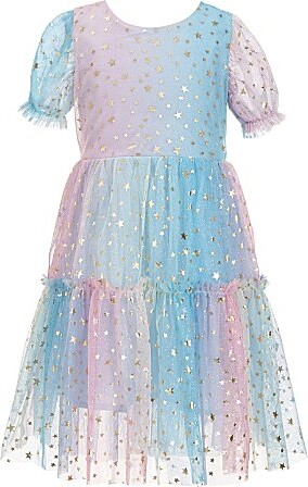 Popatu Little Girls Short Sleeve Color-Block Foil Start Dress