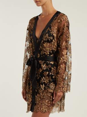 Coco De Mer - Ametrine Silk Blend Chantilly Lace Robe - Womens - Black Gold