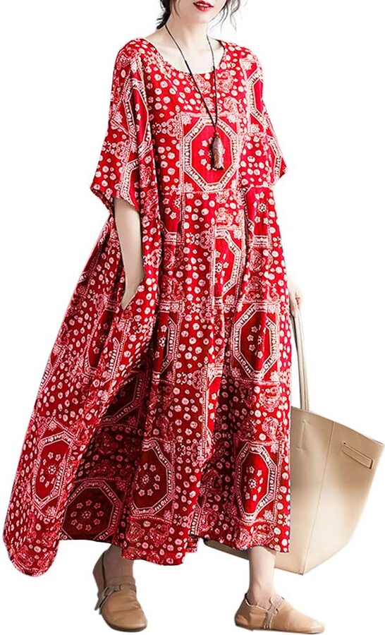 Versear Women's O-Neck Loose Boho Kaftan with Pockets Large Sizes