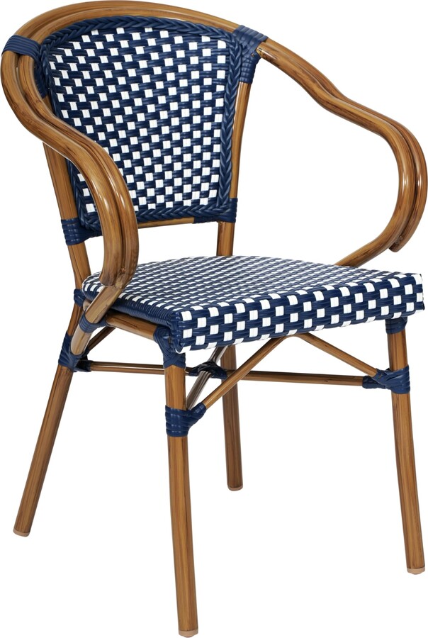 Flash Furniture Bordeaux Indoor/Outdoor Commercial Bistro Stack Chair - Arms - Black/White PE Rattan Back and Seat - Natural Bamboo Print Metal Frame - 2 Pack