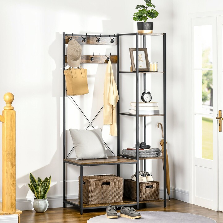 Industrial Hall Tree with Side Storage Shelves, Entryway Bench