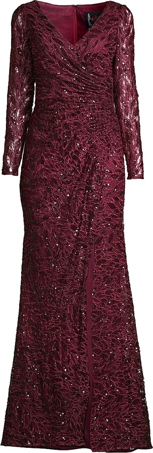 Women's Illusion Damask Embroidered Sequin Column Gown - Garnet - Size 6