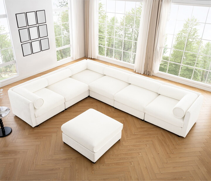 Gewnee Large 6 Seats Modular Sectional Sofa Sectional Couch with Storage, White Cylindrical Backrest and Armrests Chenille for Living Room,