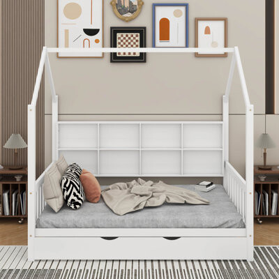 Harper Orchard Full Size House Bed With Trundle,Kids Bed With Shelf